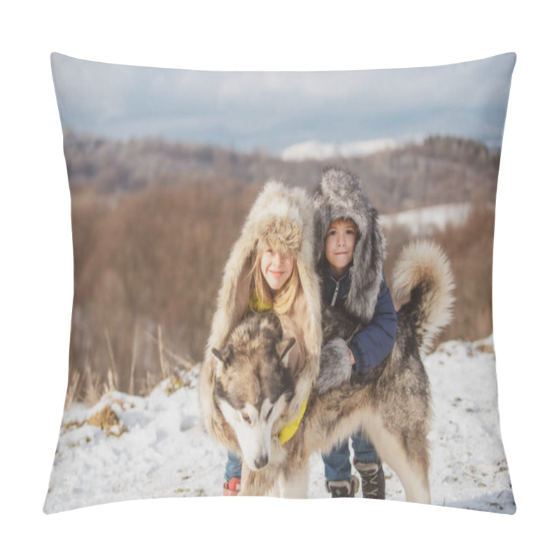 Personality  Winter Children Hug Husky In The Snow In Winter Forest. Pillow Covers