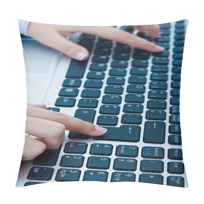 Personality  Close-up Of Woman Hands Touching Computer Keys During Work Pillow Covers