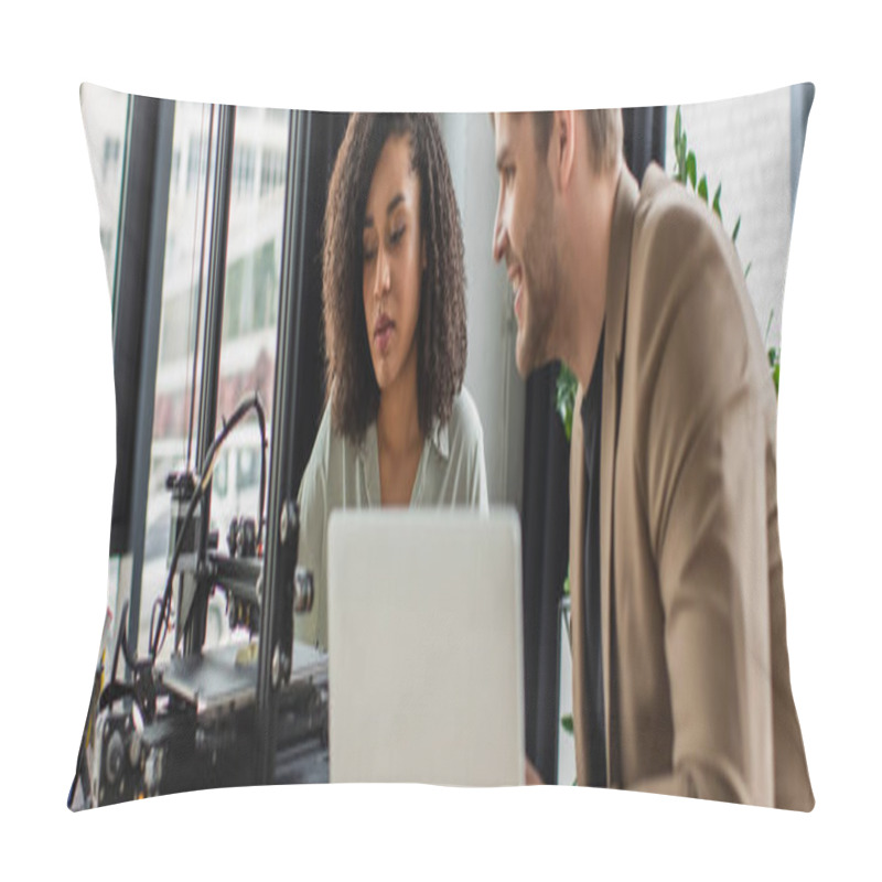 Personality  Smiling Young Man Sitting With African American Colleague Near 3D Printer And Laptop In Modern Office, Banner Pillow Covers