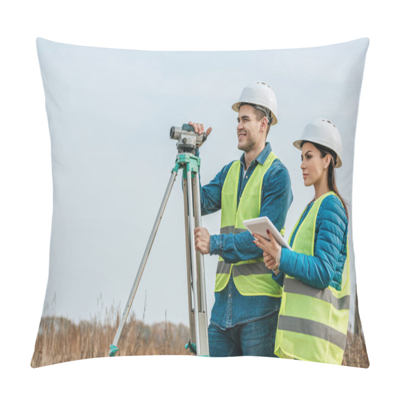 Personality  Surveyors With With Digital Level And Tablet In Field Pillow Covers