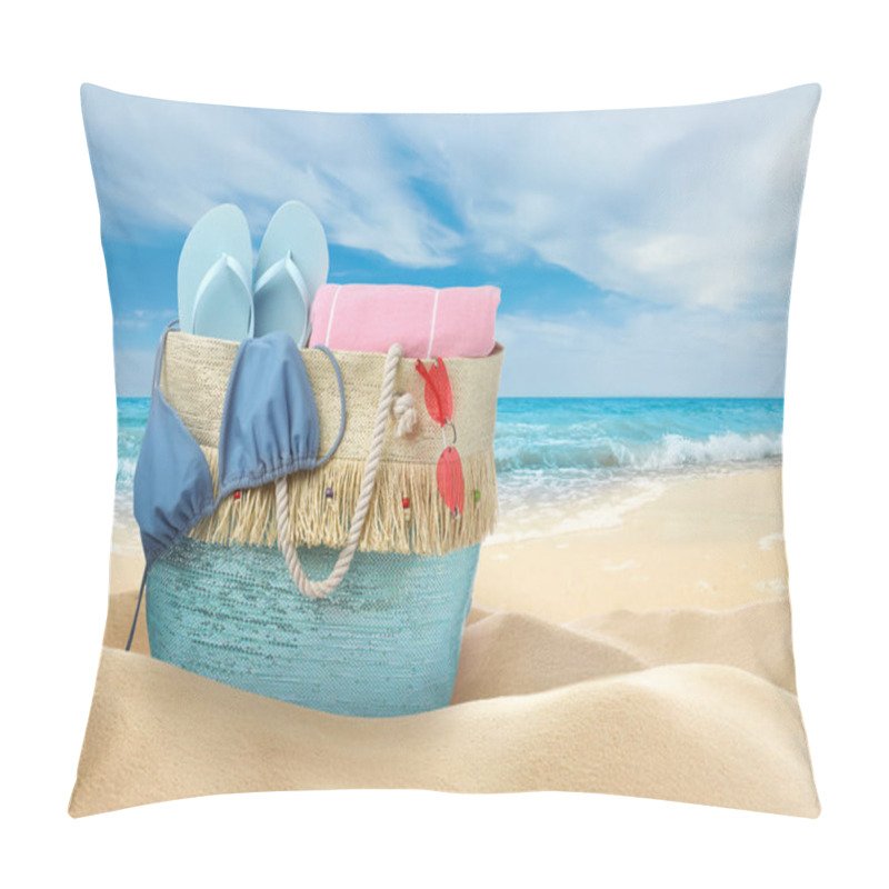 Personality  Stylish Bag With Different Accessories On Sandy Beach Near Ocean Pillow Covers