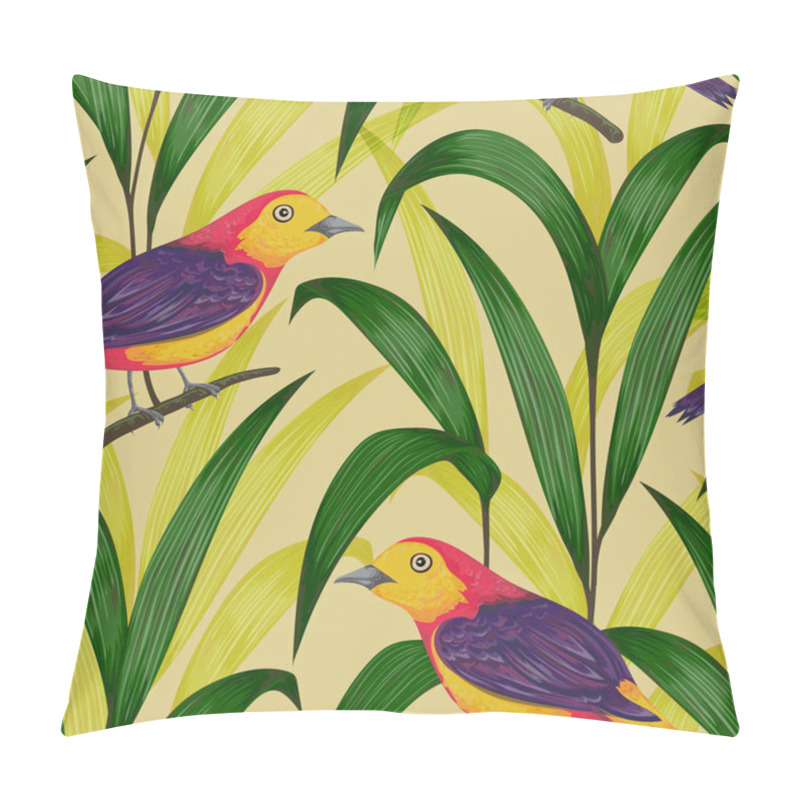 Personality  Seamless Pattern With Tropical Birds And Plants. Exotic Flora And Fauna. Vintage Hand Drawn Vector Illustration In Watercolor Style Pillow Covers