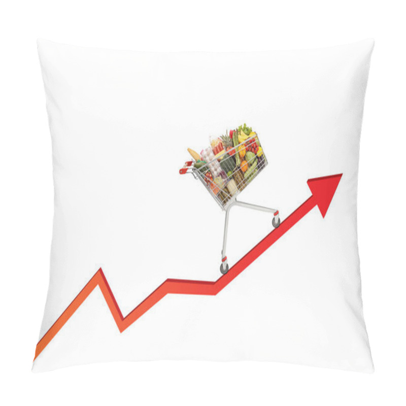 Personality  Shopping Cart With Food On A Red Arrow Rising Up Isolated On White Background Pillow Covers