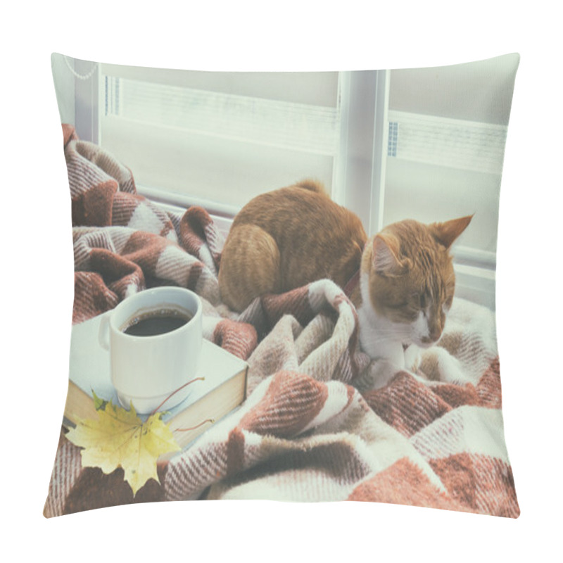 Personality  Cup Of Coffee, Book With Autumn Yellow Leaf And Red-white Cat Pillow Covers