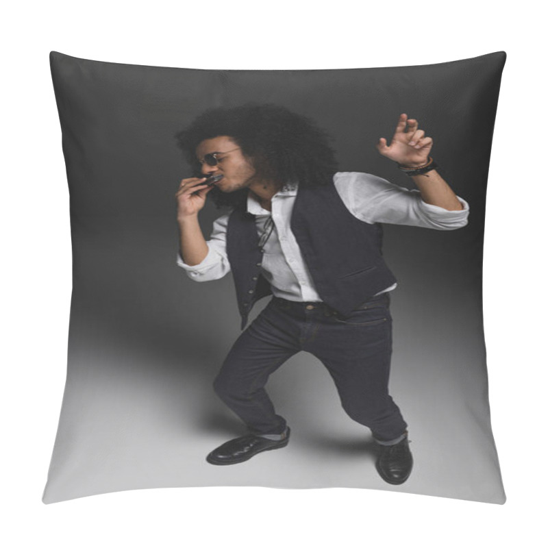 Personality  High Angle View Of Artistic Musician Playing Harmonica Pillow Covers