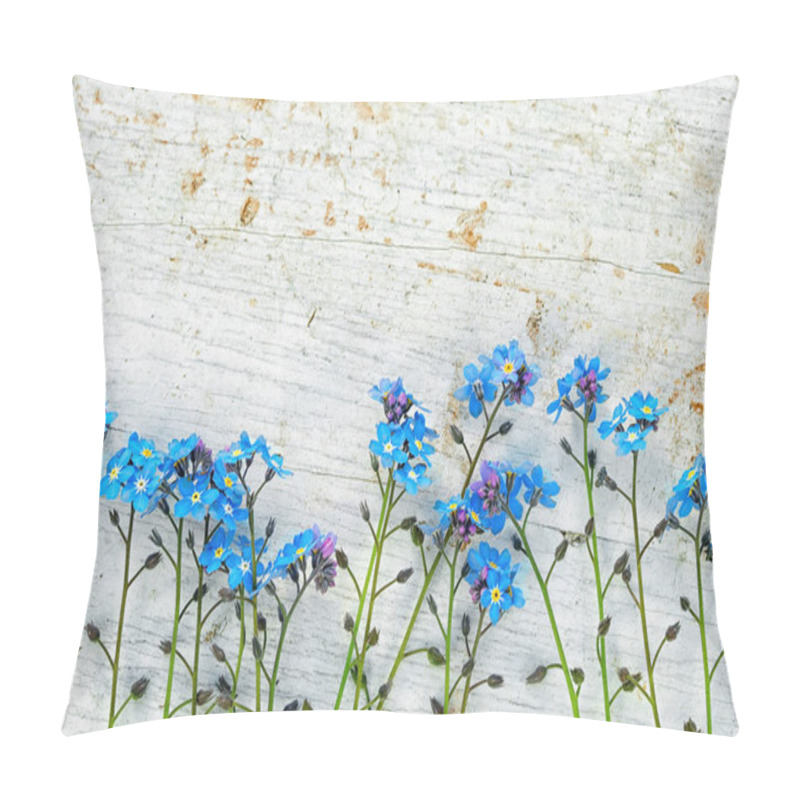 Personality  Forget Me Not Flowers In A Row On A Wooden Background With Copy Space For Your Text Above Pillow Covers