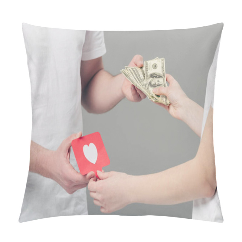 Personality  Partial View Of Man Giving Dollar Banknotes To Woman Holding Red Paper Cut Card With Heart Symbol Isolated On Grey Pillow Covers