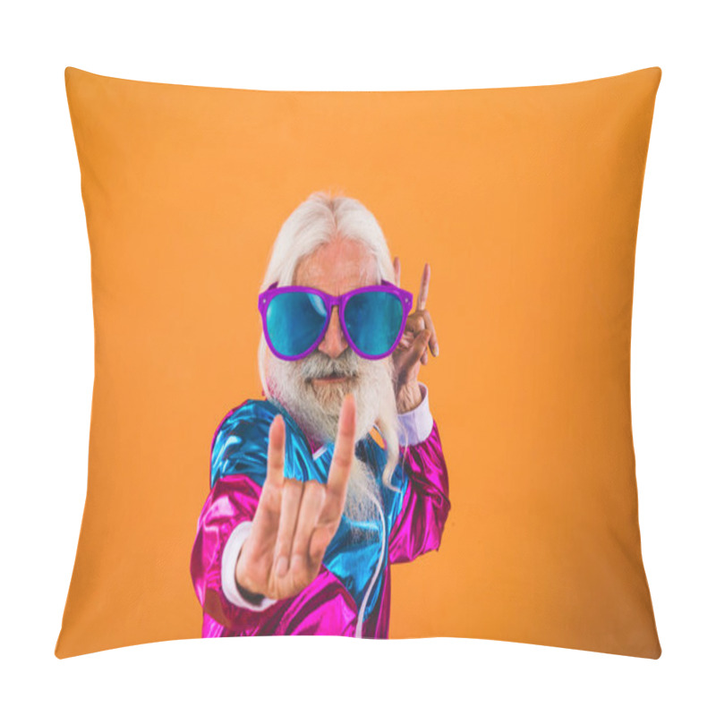 Personality  Senior Man With Eccentric Look  - 60 Years Old Man Having Fun, Portrait On Colored Background, Concepts About Youthful Senior People And Lifestyle Pillow Covers