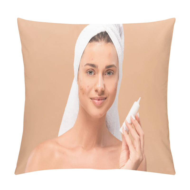 Personality  Happy And Naked Girl With Acne On Face Holding Treatment Cream Isolated On Beige  Pillow Covers