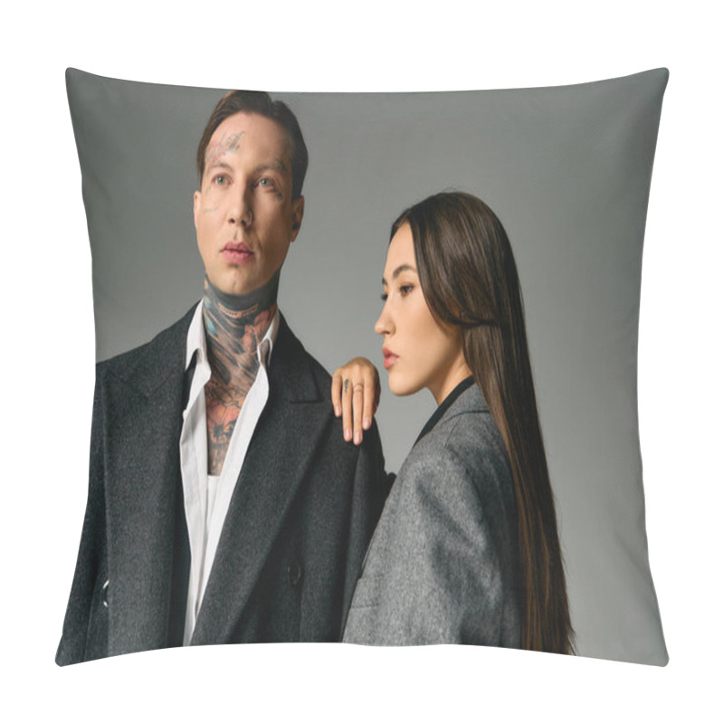 Personality  A Young Attractive Couple Showcases Their Trendy Styles In A Sleek Indoor Setting. Pillow Covers