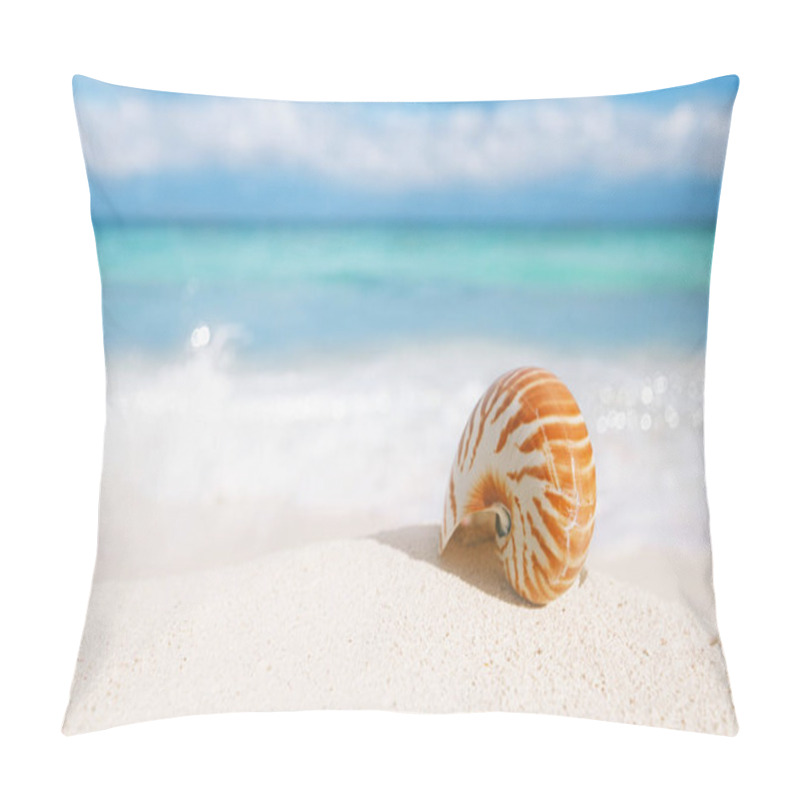 Personality  Sea Shell On Golden Sand Beach On Blue Sky Background Pillow Covers