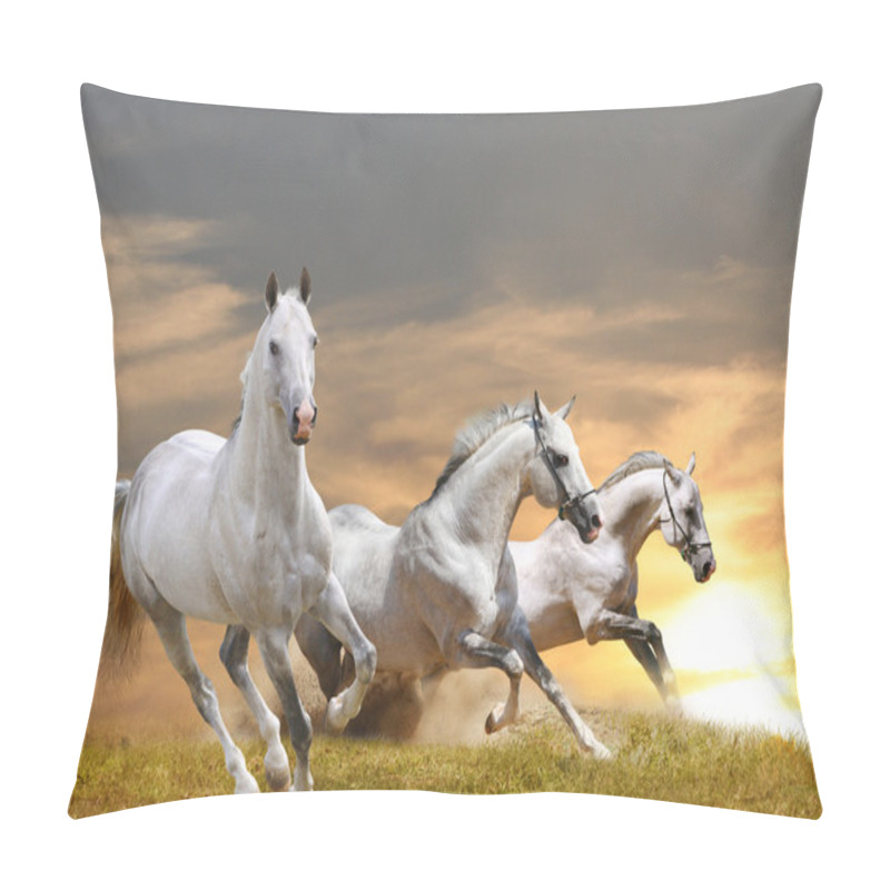 Personality  White Purebred Horses In A Sunset Running Pillow Covers