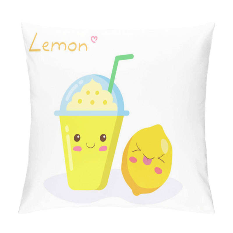 Personality  Fruits Juice Smoothie With Foam In Cup With Straw Isolated On White Background. Vector Kawaii Drink Illustration In Cute Cartoon Style. Funny & Happy Lemon Fruit. Smiling Food Characters. Kids Menu. Pillow Covers