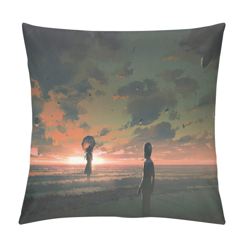 Personality  A Boy Looking At The Mysterious Woman With Umbrella Standing In The Sea Against Sunset Sky, Digital Art Style, Illustration Painting Pillow Covers