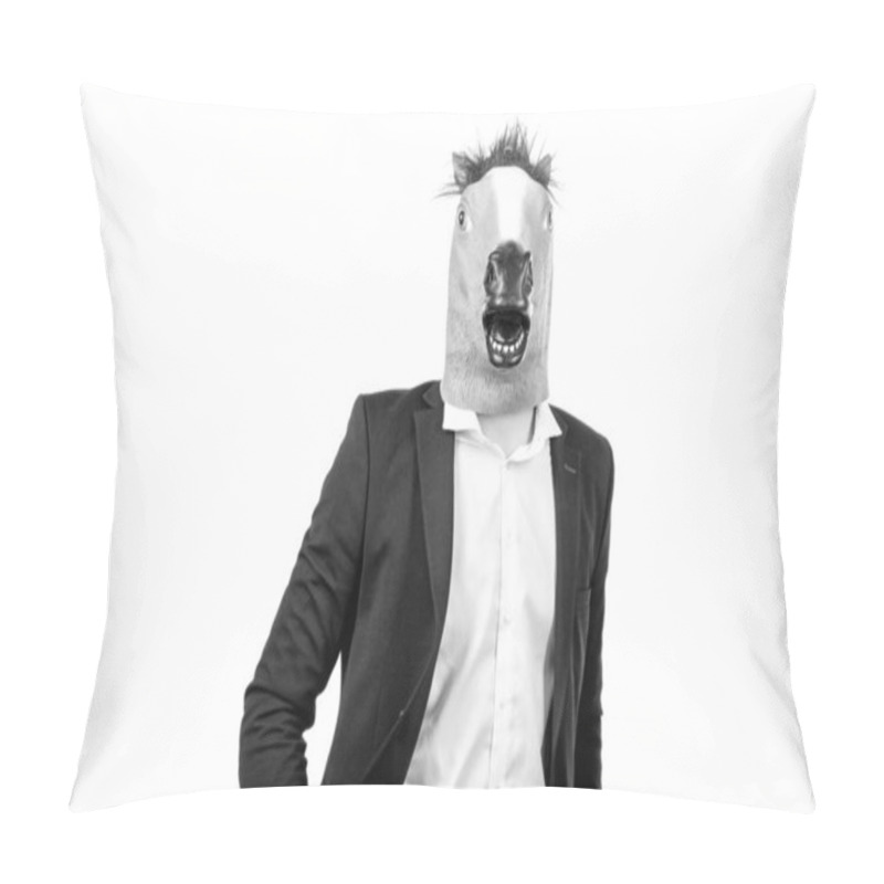 Personality  Professional Man Wear Horse Head And Business Suit Isolated On White, Workhorse. Pillow Covers