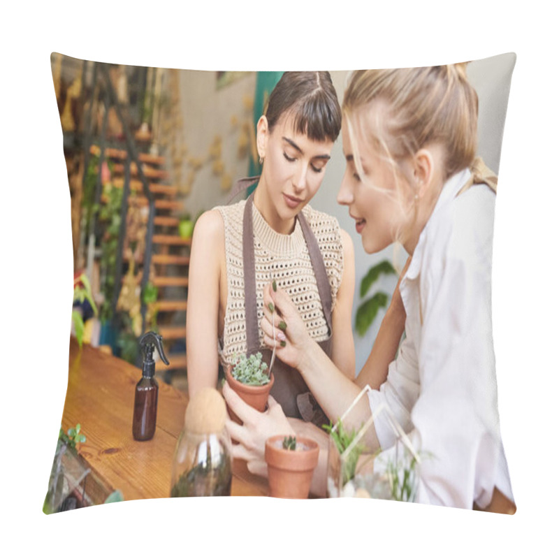 Personality  Two Women, A Loving Lesbian Couple, Explore A Potted Plant With Artistic Curiosity In An Art Studio. Pillow Covers