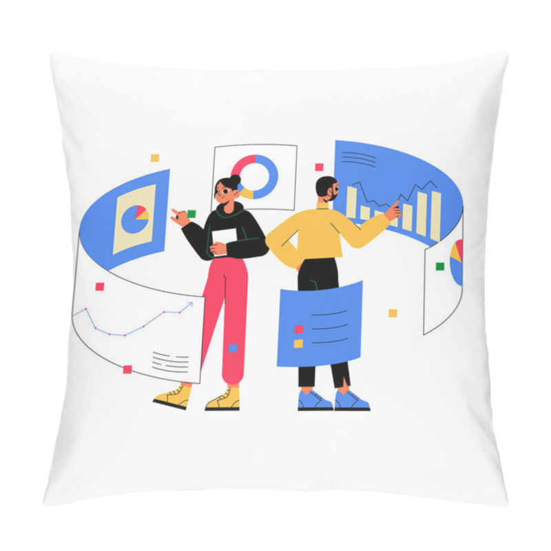 Personality  Two Business Analysts, A Male And Female, Collaborate While Reviewing Data Charts And Graphs, Symbolizing Data Analysis, Teamwork, And Strategic Business Planning. Pillow Covers