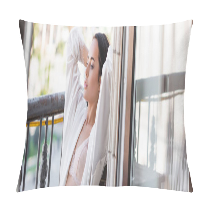 Personality  Beautiful Brunette Woman In White Robe Sitting On Balcony And Fixing Hair, Horizontal Banner Pillow Covers