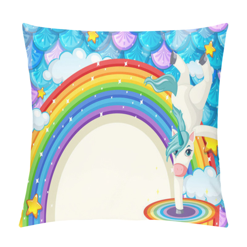 Personality  Rainbow Banner With Cute Unicorn On Colourful Fish Scales Background Illustration Pillow Covers