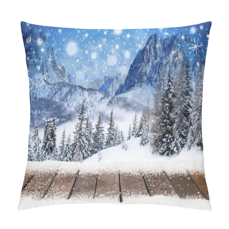 Personality  Christmas Xmas Background With Wooden Snowy Planks In Front Of Mountain Forest Landscape Blue Night Sky With Stars And Snowflakes Pillow Covers