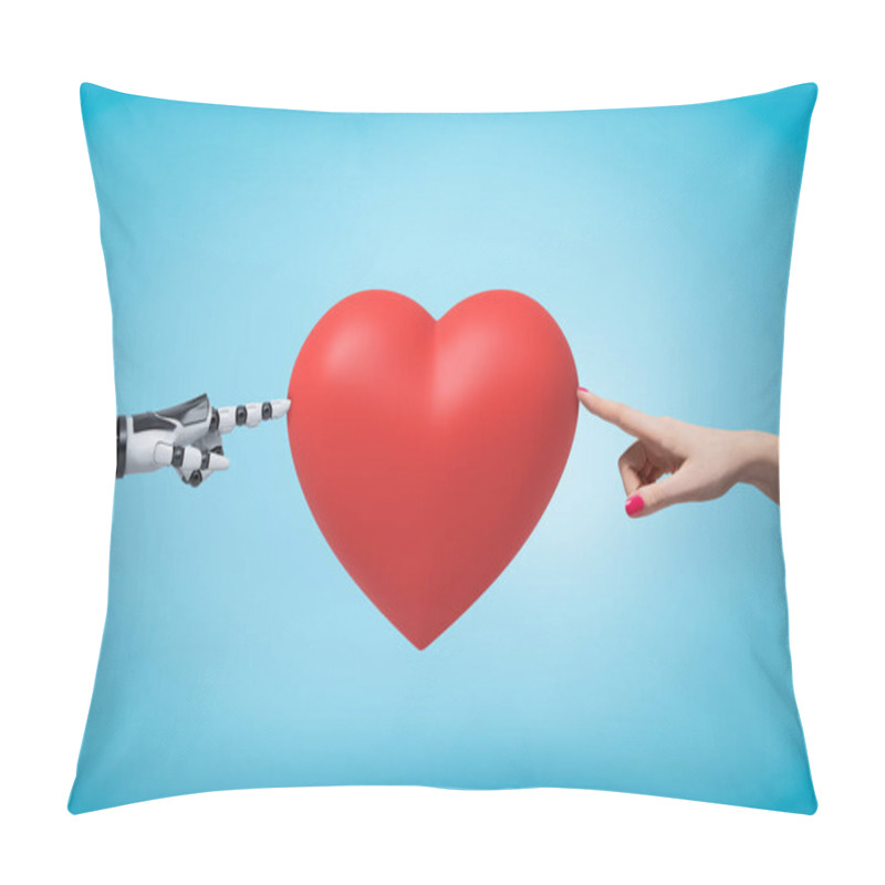 Personality  Womans Hand On The Right And Robots Hand On The Left Touching Red Valentine Heart With Their Fingertips. Pillow Covers