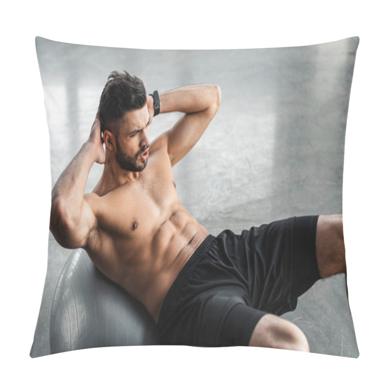 Personality  High Angle View Of Young Sportsman With Bare Chest Doing Abs Exercise On Fitness Ball At Gym  Pillow Covers