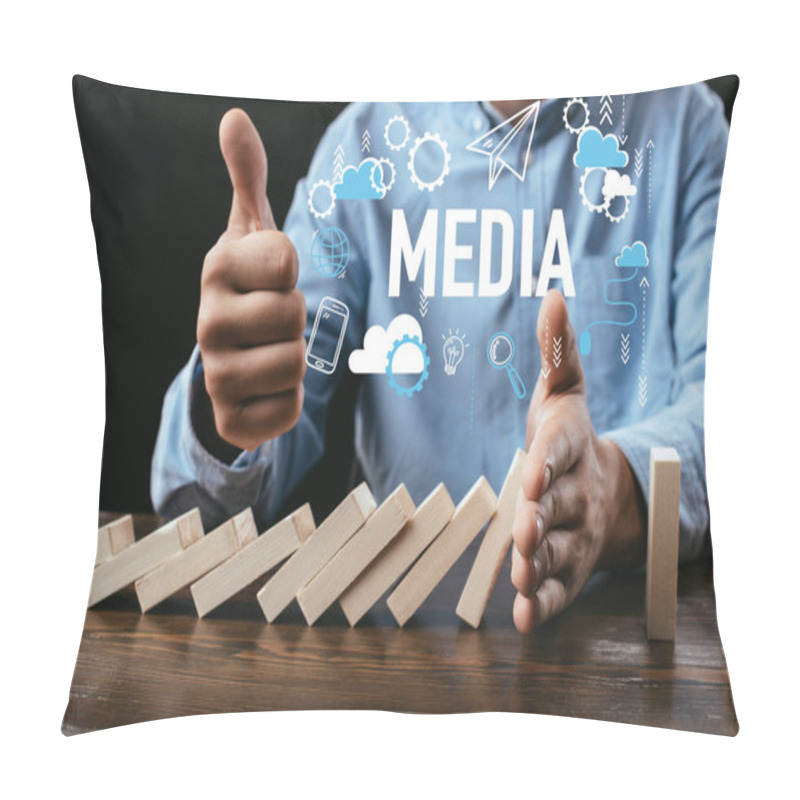 Personality  Partial View Of Man Showing Thumb Up Sign While Preventing Wooden Blocks From Falling With Word And Icons On Foreground Pillow Covers