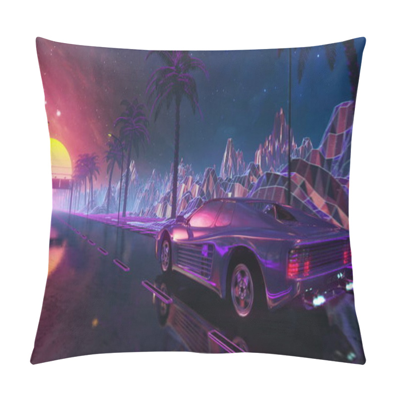 Personality  80s Retro Futuristic Drive. Stylized Sci-fi Race In Outrun Style With Night Sky Pillow Covers