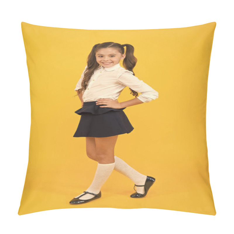 Personality  Fashionable And Classy. Small Girl With Long Hair Smiling In Fashionable School Uniform. Happy Schoolchild With Fashionable Look On Yellow Background. Fashionable Back To School Trends Pillow Covers