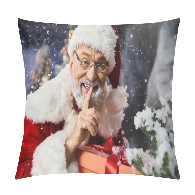 Personality  Santa Claus Playfully Gestures For Silence While Holding A Wrapped Gift Amidst Holiday Cheer. Pillow Covers