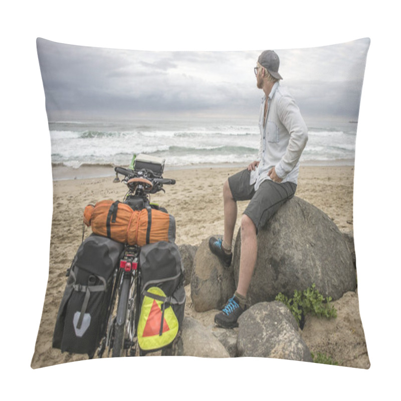 Personality  Long Distnace Cyclist With Bicycle On Beach Pillow Covers