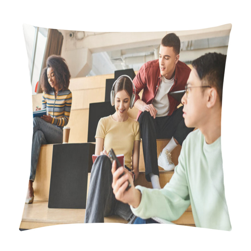 Personality  A Multicultural Group Of Students Sit Comfortably On A Modern Staircase, Engaging In Conversation And Relaxation Pillow Covers