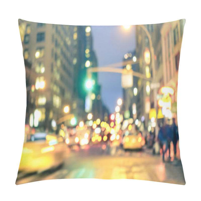 Personality  New York City Abstract Rush Hour - Defocused Yellow Taxi Cabs And Traffic Jam On 5th Avenue In Manhattan Downtown At Blue Hour - Blurred Bokeh Postcard On A Retro Vintage Nostalgic Filtered Look Pillow Covers