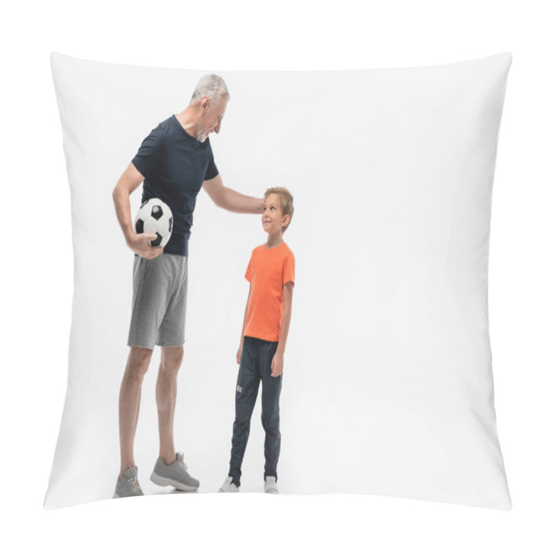 Personality  Happy Grandfather Touching Head Of Smiling Grandson While Holding Soccer Ball On White Pillow Covers