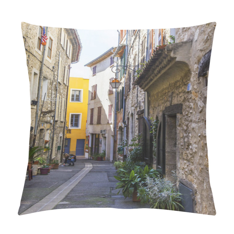 Personality  VENCE, FRANCE, On March 8, 2018. The Typical City Street Of Old Stone Houses Characteristic Of The Small Mountain Town In Provence.  Pillow Covers