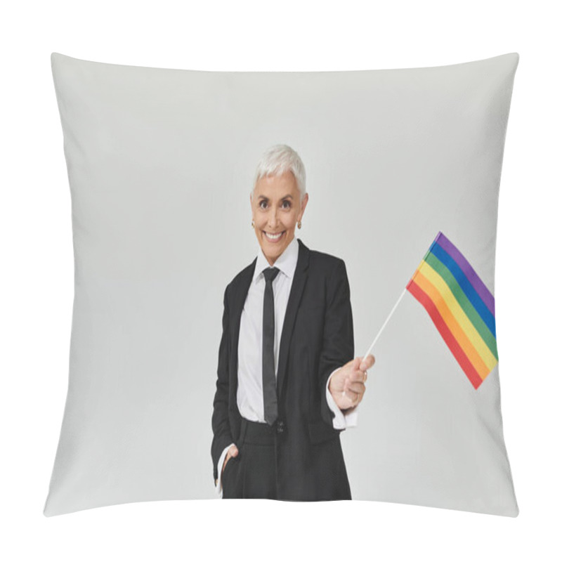 Personality  A Stylish Woman Joyfully Waves A Rainbow Flag, Expressing Her Pride. Pillow Covers