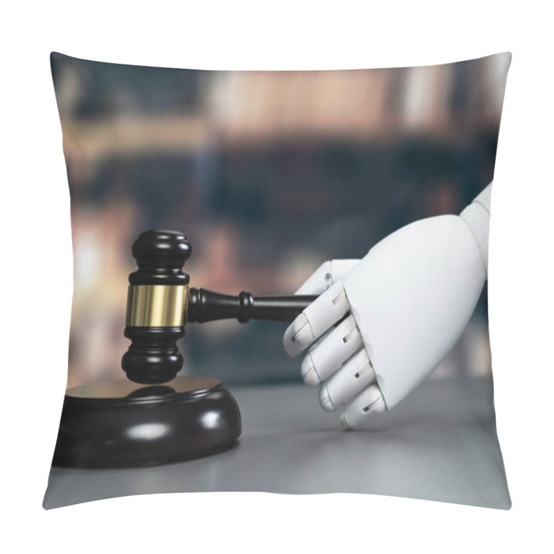 Personality  Future Innovative Concept Of Efficient And Fair Justice System With Closeup Robotic Hand Holding Gavel As Artificial Intelligence In Transparent Judicial Proceedings By An AI Judge. Equilibrium Pillow Covers