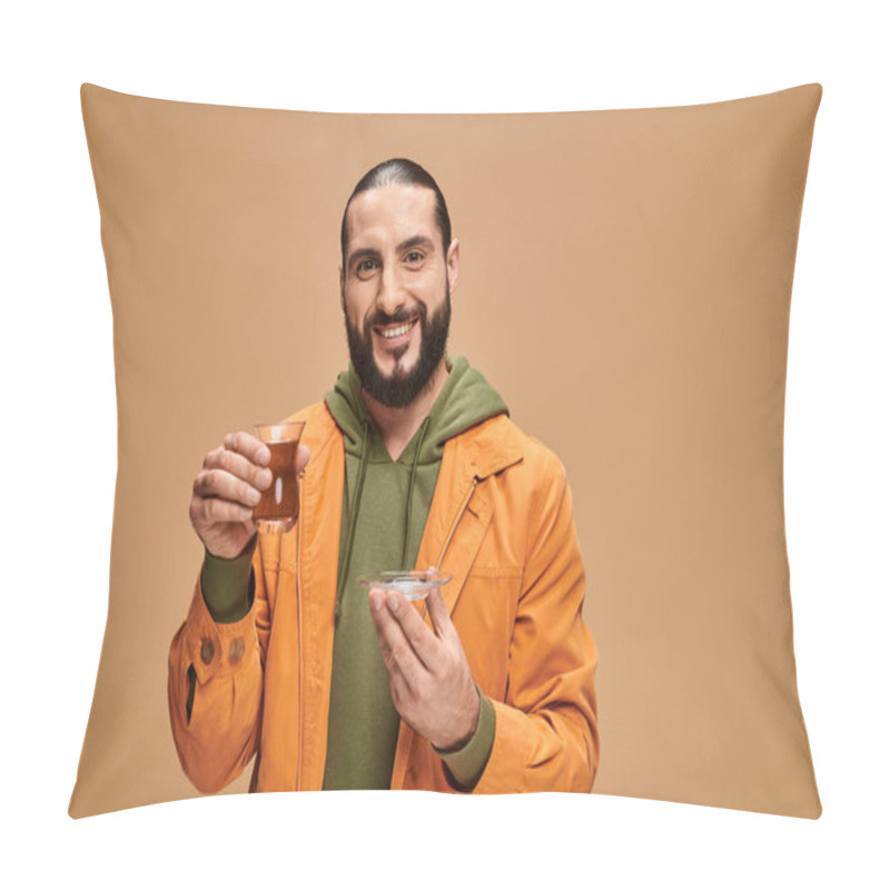 Personality  Happy Bearded Man In Casual Attire Holding Turkish Tea In Traditional Glass Cup On Beige Backdrop Pillow Covers