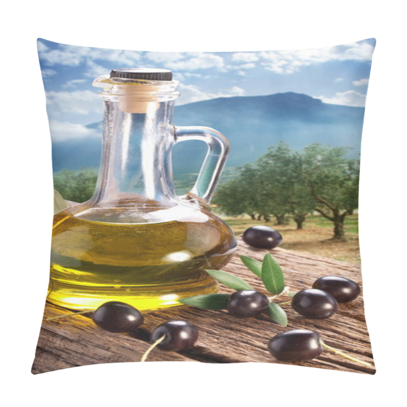 Personality  Black Olives With Bottle Of Oil On A Wooden Table. Pillow Covers