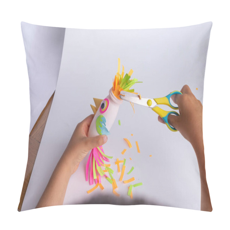 Personality  Child Makes A Craft From Paper And Recycled Yogurt Bottle, DIY Paper Parrot. Kindergarten And School Activity Pillow Covers