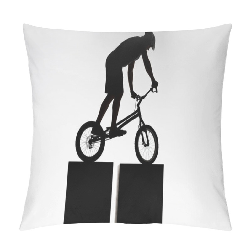 Personality  Silhouette Of Trial Biker Balancing On Two Stands On White Pillow Covers