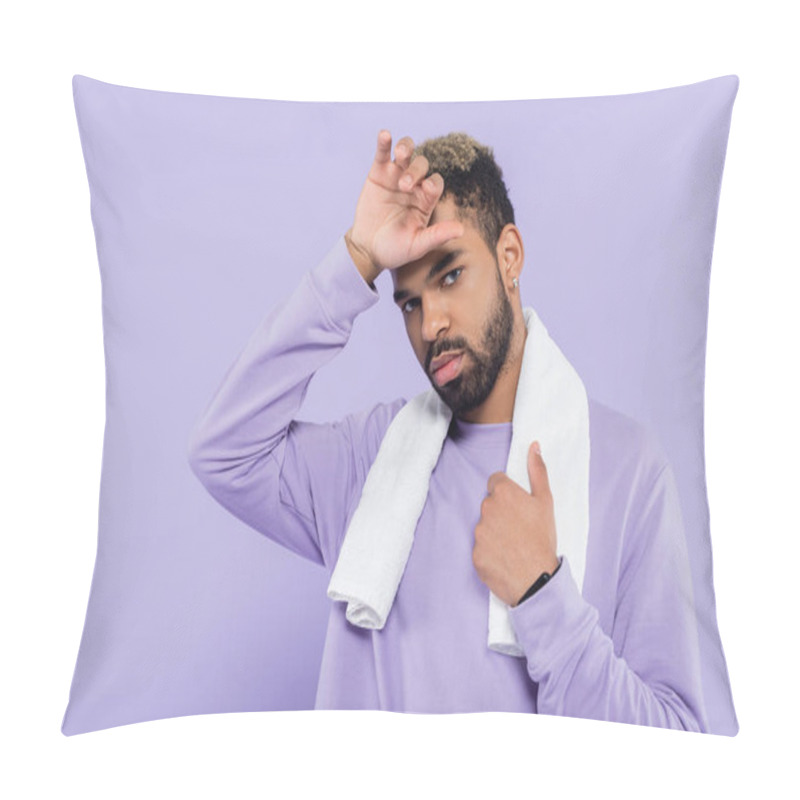 Personality  Tired African American Man In Sweater Holding White Towel And Wiping Sweat With Hand Isolated On Purple  Pillow Covers