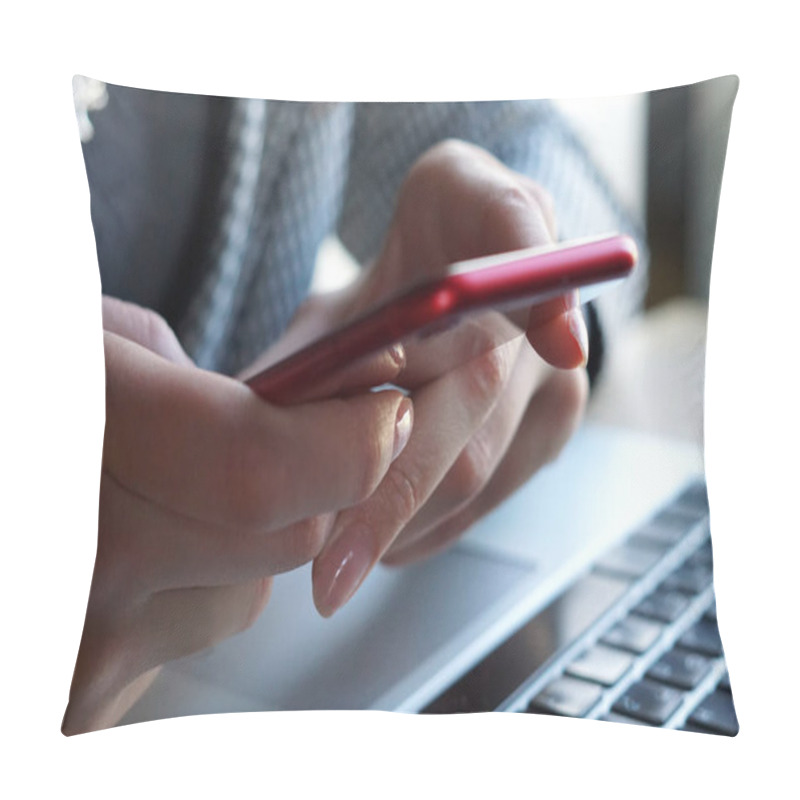 Personality  The Women Works On Notebook. Remote Office. Quarantine. Pillow Covers