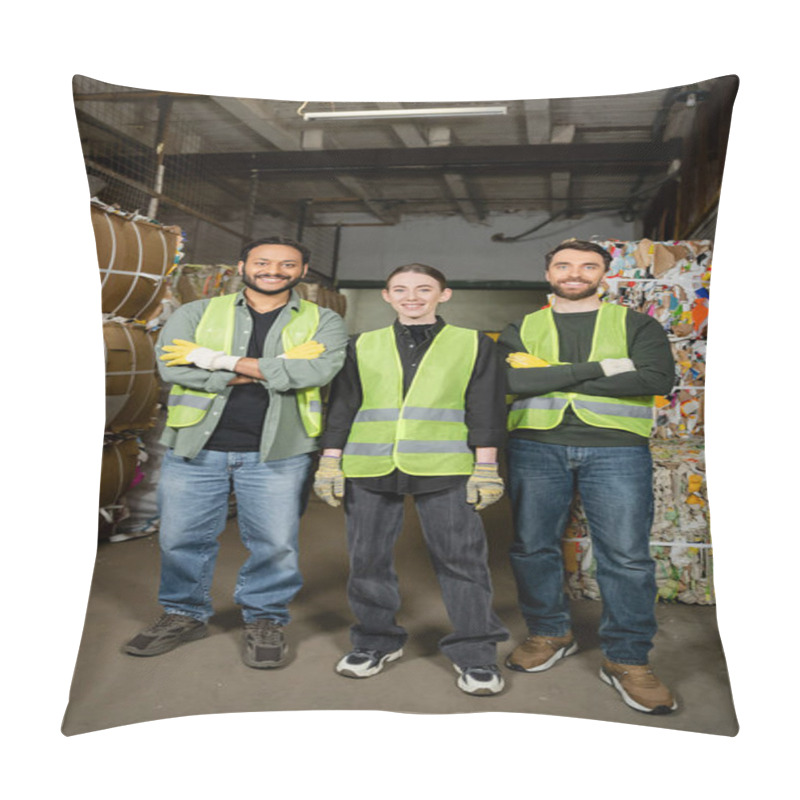 Personality  Smiling And Interracial Workers In High Visibility Vests And Gloves Crossing Arms And Looking At Camera While Standing Near Waste Paper On Disposal Station, Garbage Sorting Process  Pillow Covers