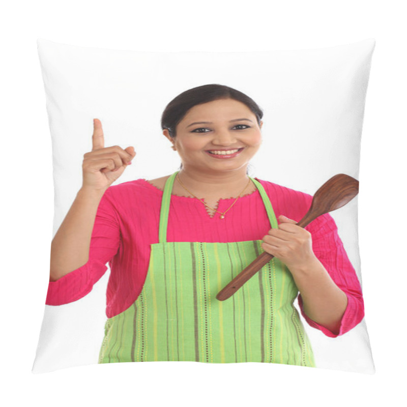 Personality  Happy Young Woman Holding Kitchen Utensil Against White Backgrou Pillow Covers