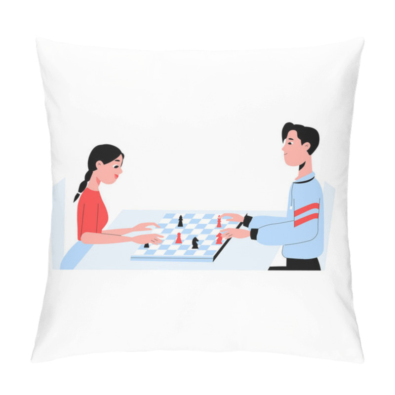 Personality  Female And Male Characters Engaged In A Chess Game, Representing Strategy, Critical Thinking, And Competition. Chessboard With Pieces Displayed, Isolated On White. Pillow Covers