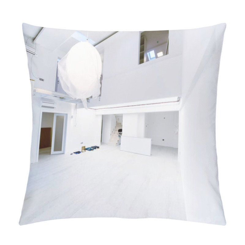 Personality  Interior Of Empty Stylish Modern Open Space Two Level Apartment With White Walls And Large Round Chandelier In The Middle Ready To Move In Pillow Covers