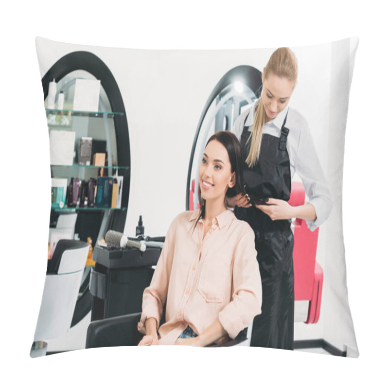 Personality  Hairdresser Looking At New Hairstyle Of Customer Pillow Covers