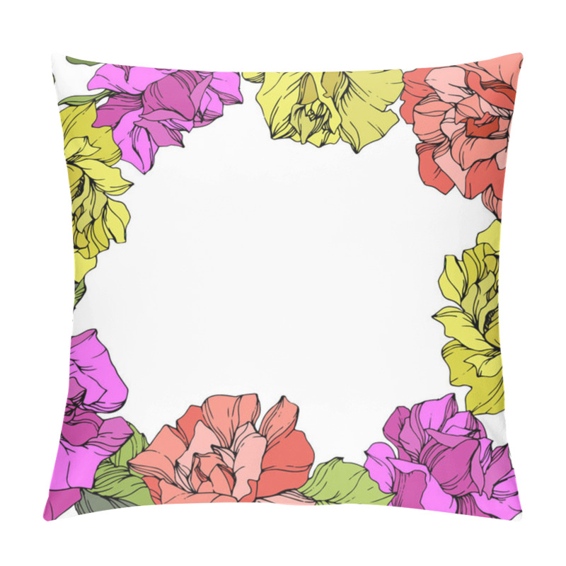 Personality  Vector. Roses Floral Wreath. Purple, Yellow And Coral Rose Flowers. Engraved Ink Art On White Background. Pillow Covers