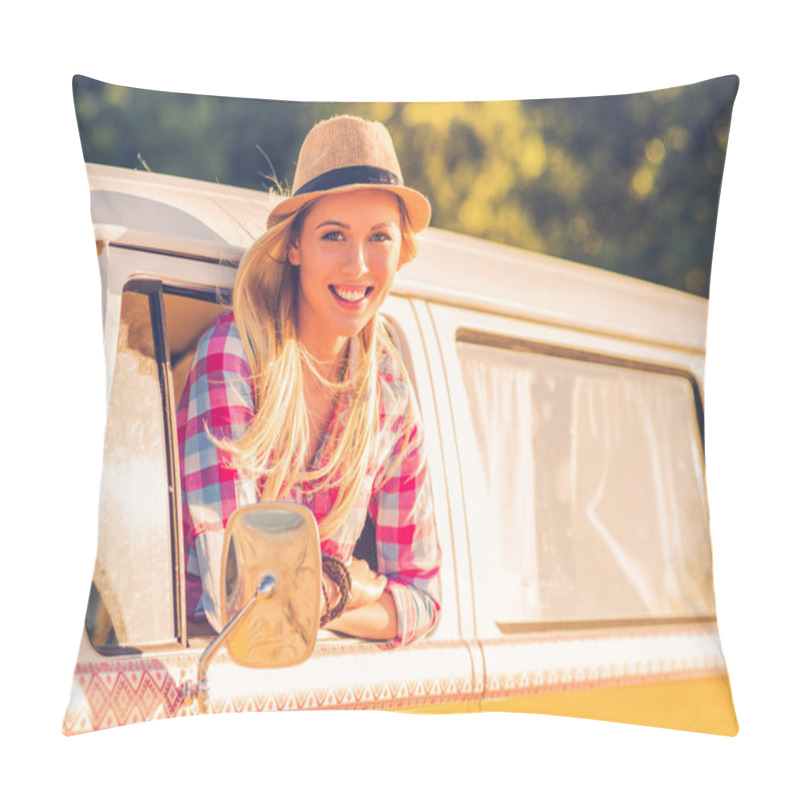 Personality  Woman Looking Through Vehicle Window Pillow Covers